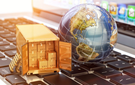 globe and boxes in transportation process on computer