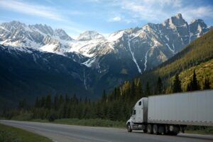 White semi truck shipping goods with the Canadian Rockies in the background